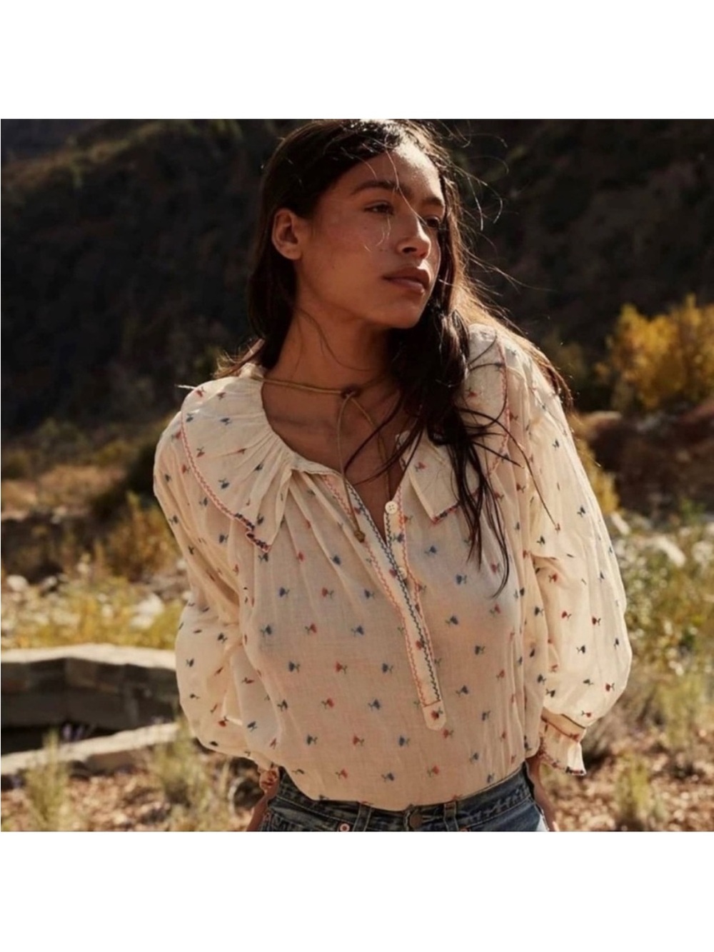 Cream Floral Peasant Blouse with Ruffle Collar